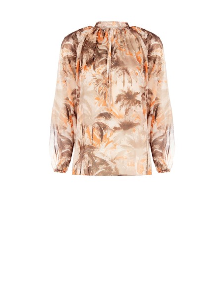 Ruime, soepel vallende blouse van bedrukte chiffon met strikjes in de hals, Rinascimento