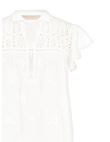 Blouse ample en coton rayé, brodée et ajourée, Rinascimento