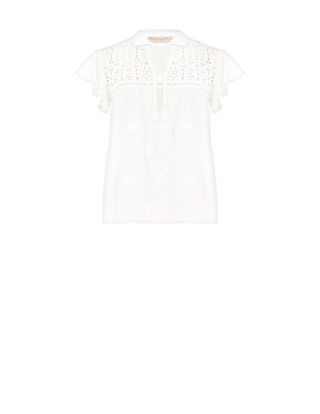 Blouse ample en coton rayé, brodée et ajourée, Rinascimento
