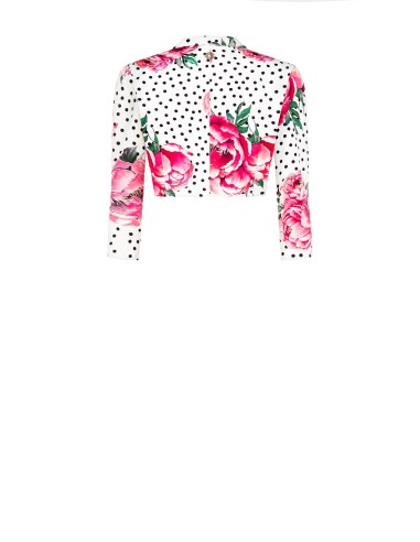 Veste courte imprimée à fleurs et à pois en tissu crêpe avec fermeture à crochet et épaulettes Rinascimento
