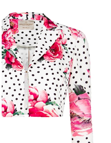 Cropped jasje met bloemen- en stippenprint van crêpestof, met haaksluiting en schouderbandjes, Rinascimento