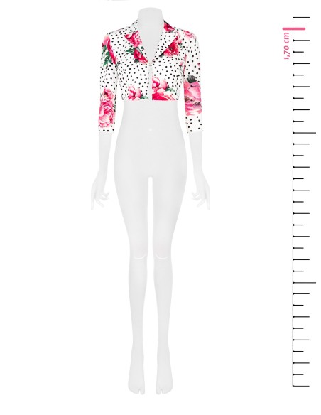 Cropped jasje met bloemen- en stippenprint van crêpestof, met haaksluiting en schouderbandjes, Rinascimento