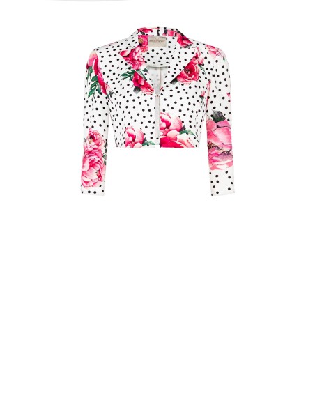 Veste courte imprimée à fleurs et à pois en tissu crêpe avec fermeture à crochet et épaulettes Rinascimento