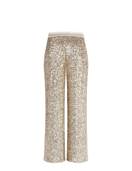 Pantalon de palais recouvert de paillettes avec taille en satin et bouton Rinascimento en satin