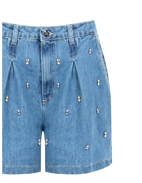 Short en denim larges avec pinces et cristaux cabochon Rinascimento