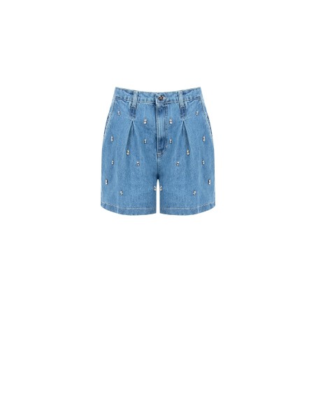 Short en denim larges avec pinces et cristaux cabochon Rinascimento