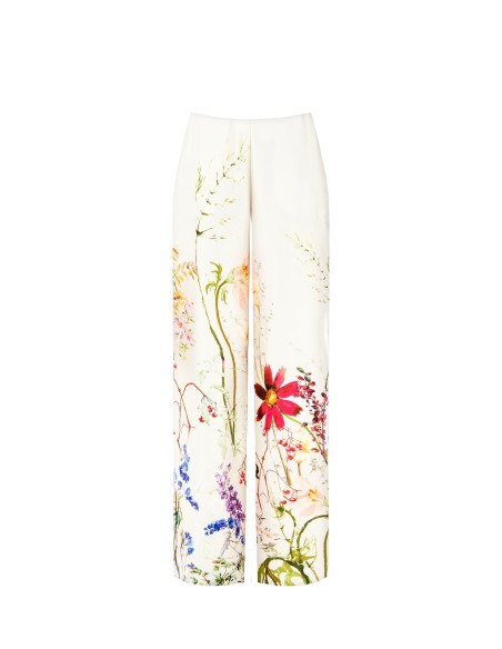Pantalon palazzo en satin imprimé botanique avec poches Rinascimento
