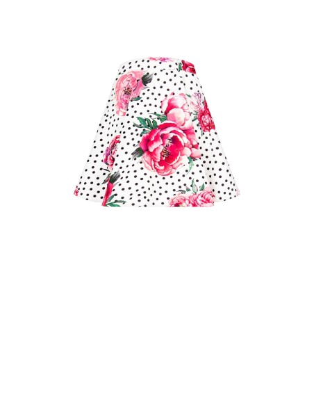 Klokvormige minirok met bloemen- en stippenprint, elastische tailleband en crêpestof – Rinascimento