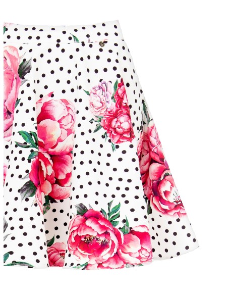 Klokvormige minirok met bloemen- en stippenprint, elastische tailleband en crêpestof – Rinascimento