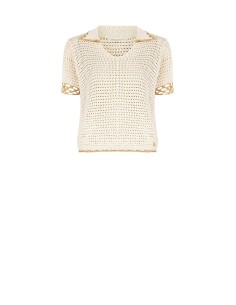 Gehaakt katoenen T-shirt met V-hals en Rinascimento-kraag
