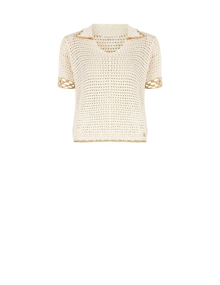 Rinascimento - T-shirt à col en V en coton crocheté