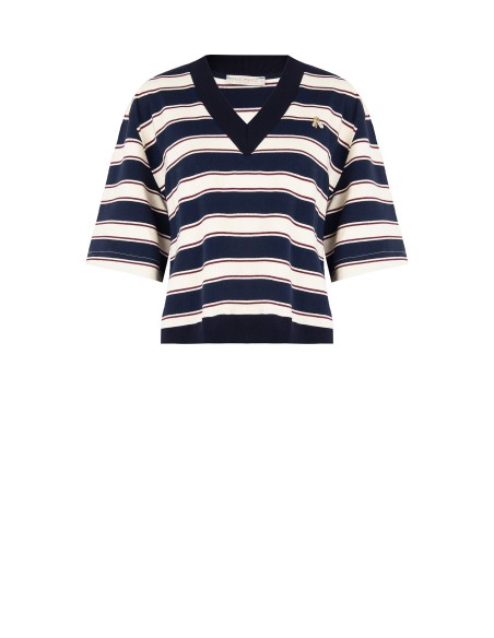 Sweat-shirt à manches courtes en coton mélangé avec col en V et épingle à abeille Rinascimento