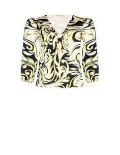 Getailleerde Curvy-blouse van bedrukte satijnstof met metalen ring aan de halslijn – Rinascimento Curvy