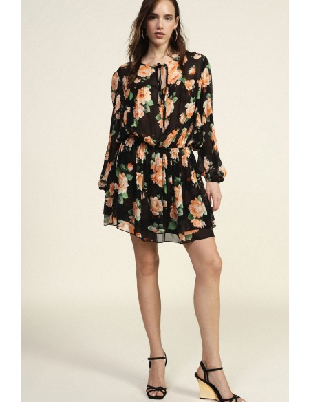 Korte jurk met bloemenprint, rimpeldetails en strikbandjes van Dixie