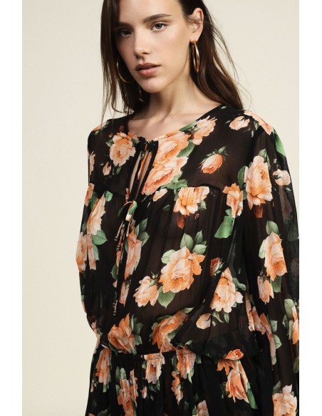 Robe courte bouclée à imprimé floral avec nœuds de cravate Dixie