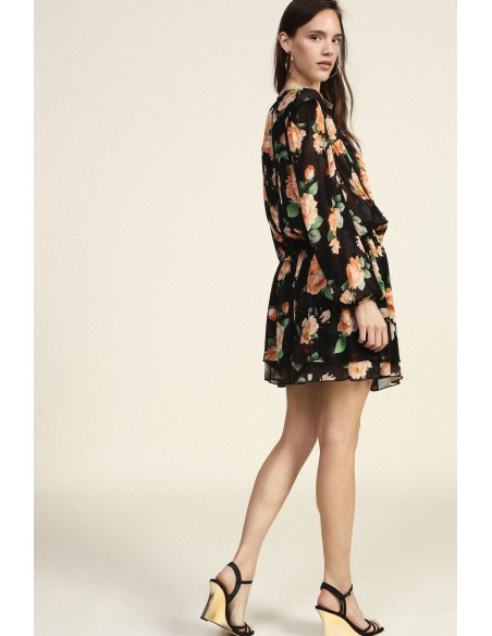Korte jurk met bloemenprint, rimpeldetails en strikbandjes van Dixie