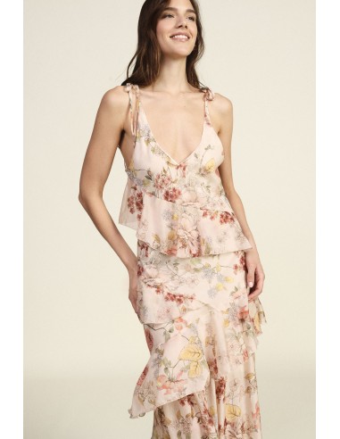 Longue robe florale à volants et fines bretelles Dixie