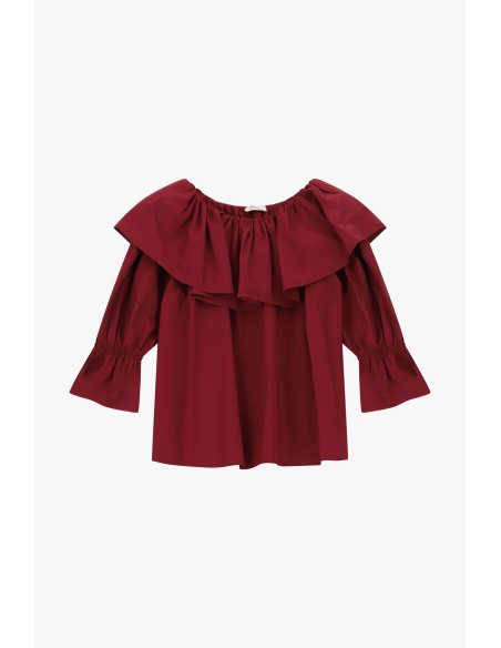 Dixie blouse met Bardot-hals, ruches en 3/4-mouwen