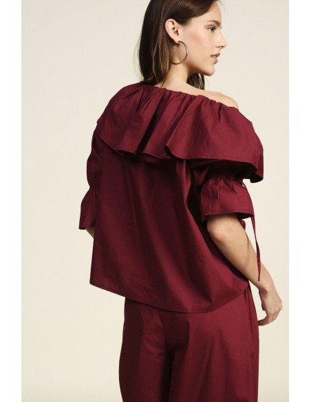 Dixie blouse met Bardot-hals, ruches en 3/4-mouwen