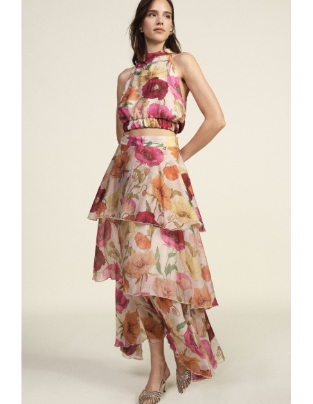 Jupe longue à volants avec imprimé floral asymétrique Dixie