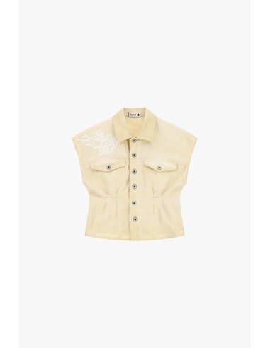 Korte denimjas met brede schouders en geborduurde details, alstublieft