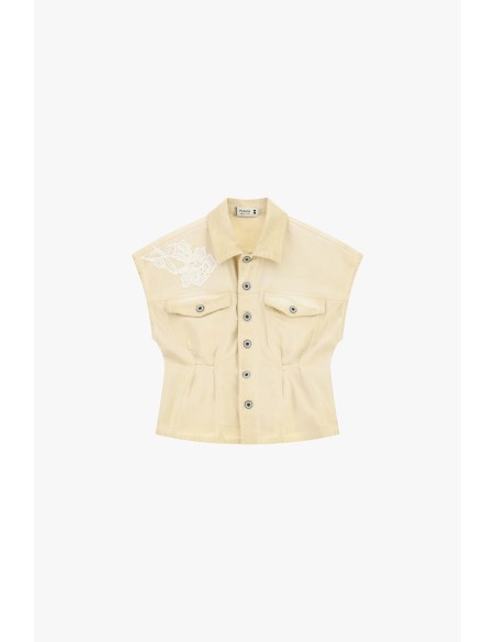 Veste en denim courte à épaules larges et détails brodés Please