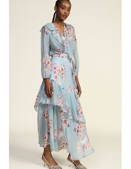 Robe longue portefeuille à imprimé floral et volants Dixie