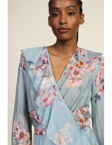 Robe longue portefeuille à imprimé floral et volants Dixie