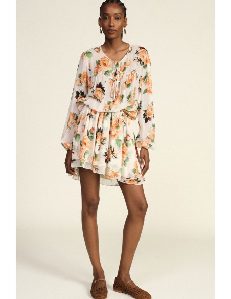 Korte jurk met bloemenprint, rimpeldetails en strikbandjes van Dixie