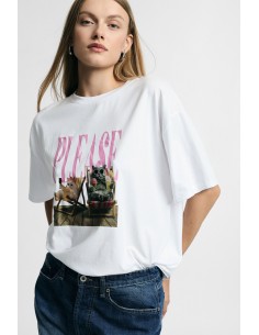 Ruimvallend T-shirt met centrale tekst- en dierenprint Please