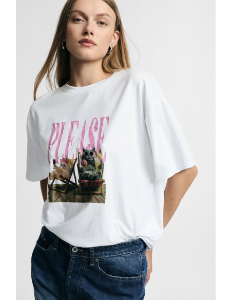 T-shirt ample avec imprimé central à inscription et animaux Please