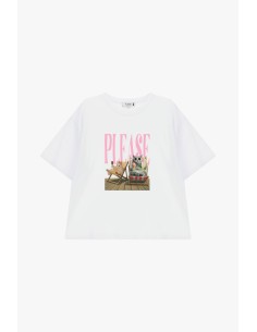 Ruimvallend T-shirt met centrale tekst- en dierenprint Please 2