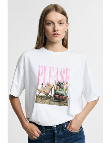 Ruimvallend T-shirt met centrale tekst- en dierenprint Please