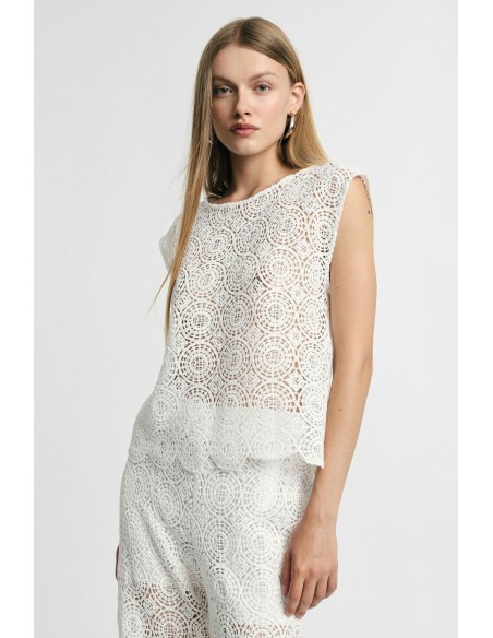 Mouwloze geborduurde blouse met geschulpte rand Please