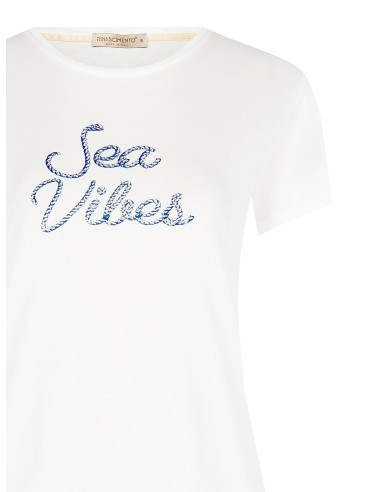 T-shirt regular en coton imprimé bleu marine et strass Rinascimento