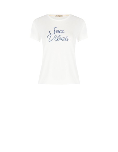 Regular katoenen T-shirt met navyprint en strass-steentjes