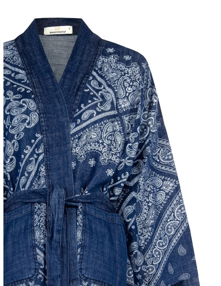 Veste kimono en denim imprimé avec ceinture coordonnée Rinascimento