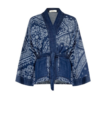 Veste kimono en denim imprimé avec ceinture coordonnée Rinascimento