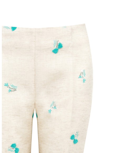 Pantalon cigarette en mélange de lyocell et de lin avec broderies de tulipes et paillettes Rinascimento