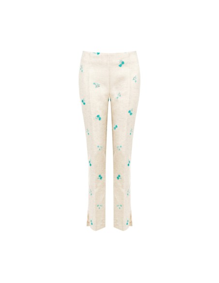 Pantalon cigarette en mélange de lyocell et de lin avec broderies de tulipes et paillettes Rinascimento