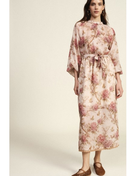Robe longue à imprimé floral, manches amples, ceinture Dixie