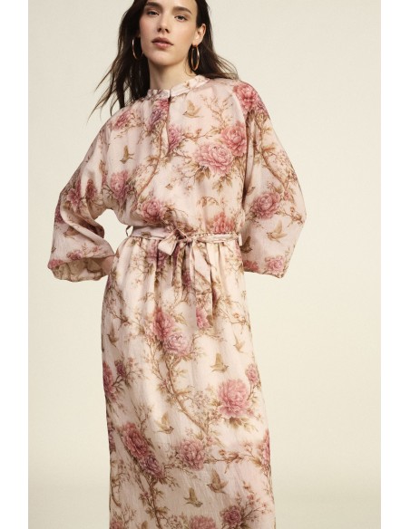 Robe longue à imprimé floral, manches amples, ceinture Dixie