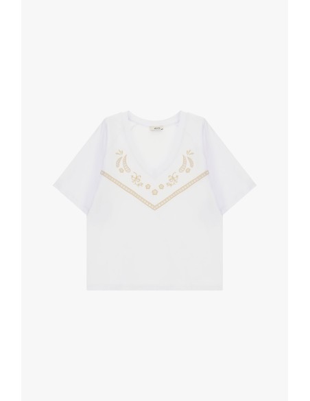 T-shirt court avec broderie géométrique et col en V Dixie