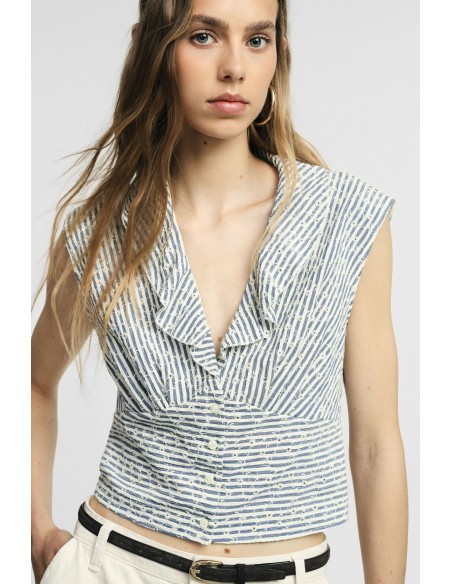 Cropped mouwloos shirt met volant en strepen aub
