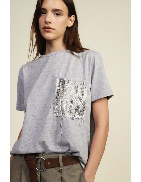 Dixie T-shirt met korte mouwen, borstzak en pailletten