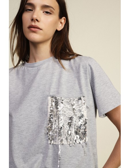 T-shirt à manches courtes avec poche poitrine et paillettes Dixie