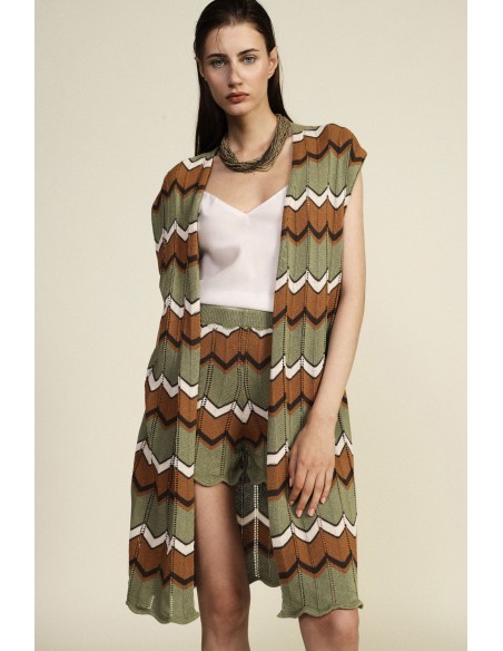 Dixie mouwloos vest met zigzagpatroon en golvende rand