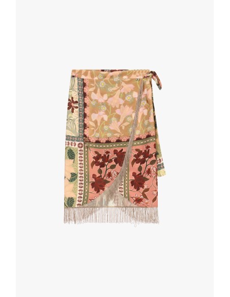 Dixie midi-wikkelrok met patchworkprint en franjes