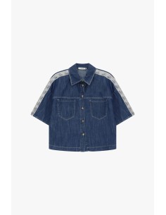 Denim overhemd met korte mouwen en bedrukte biezen Please