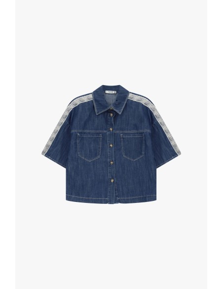Chemise en denim à manches courtes avec profils imprimés Please